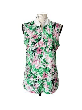 Tommy Bahama Golf Womens Size L Sleeveless Top 1/4 Zip Floral Polo Green Pink